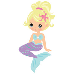 Cute little blonde mermaid vector cartoon illustration