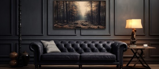 A chic living space featuring a cozy dark sofa with a captivating copy space image