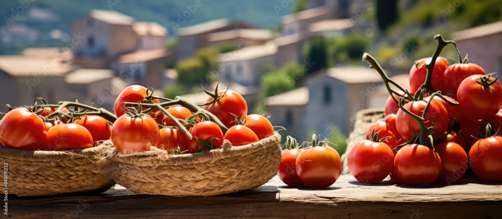 Poster a vibrant display of ripe red tomatoes stacked on a market stall with a rustic setting in the backgr