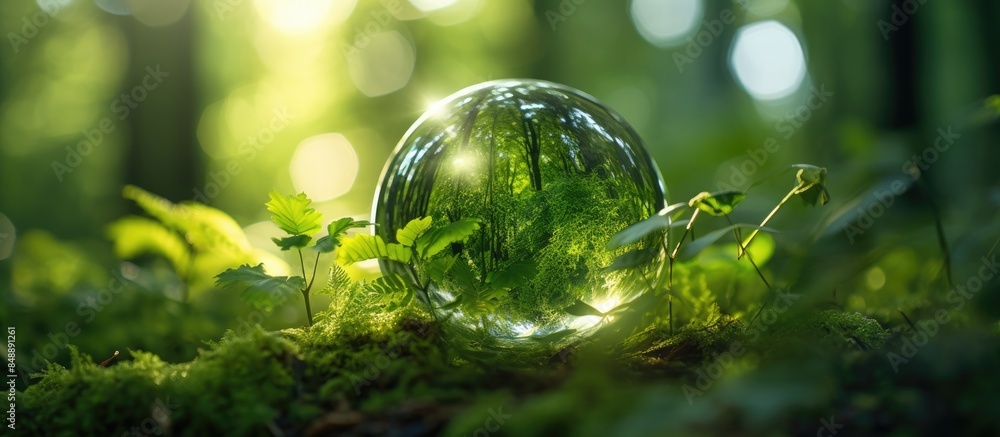 Poster green forest background with sunlight shining on a globe in a glass sphere as a concept for the envi