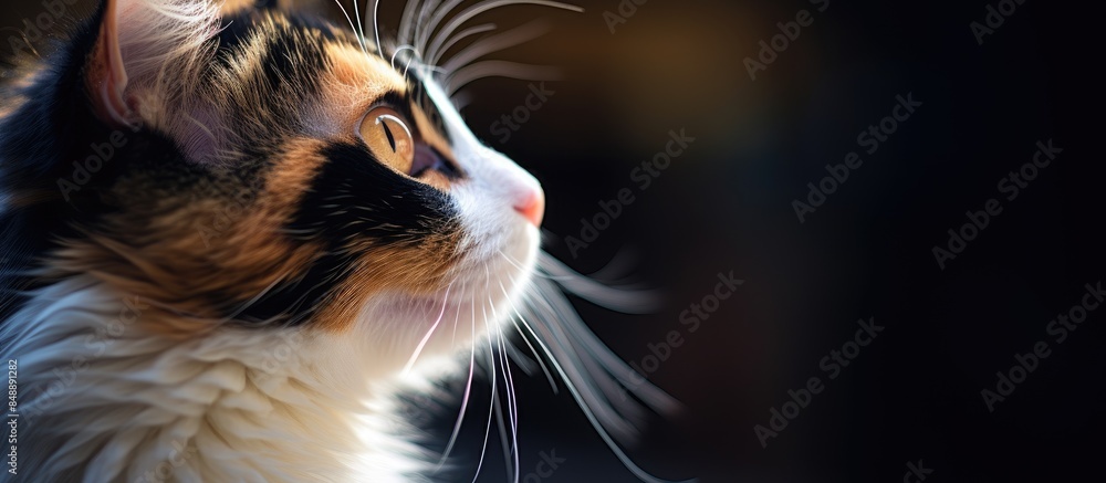 Poster close up macro photography capturing a stunning calico cat portrait with ample copy space image