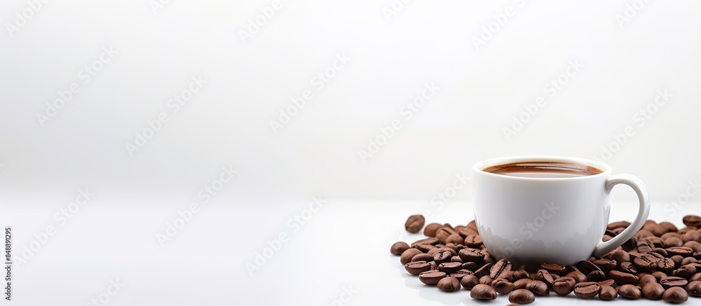 Aufkleber a coffee cup with beans on a white backdrop featuring copy space image for customization