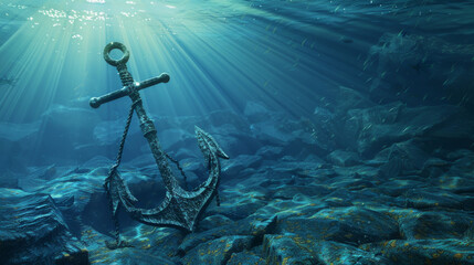 An ancient anchor resting on the rocky seabed is illuminated by rays of light penetrating the water, evoking a sense of mystery and exploration.