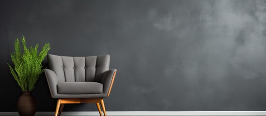 Stylish chair placed against a fashionable dark gray wall with a copy space image creating a chic interior setting