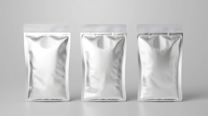Three sleek, metallic pouches stand upright against a neutral background, showcasing modern packaging design and minimalistic aesthetics.