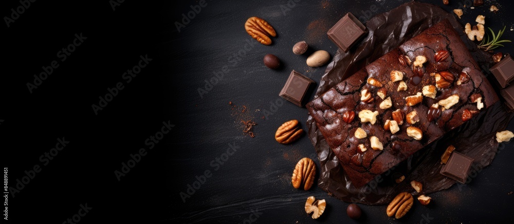 Poster directly above view of a chocolate brownie cake with nuts on a dark background with ample copy space