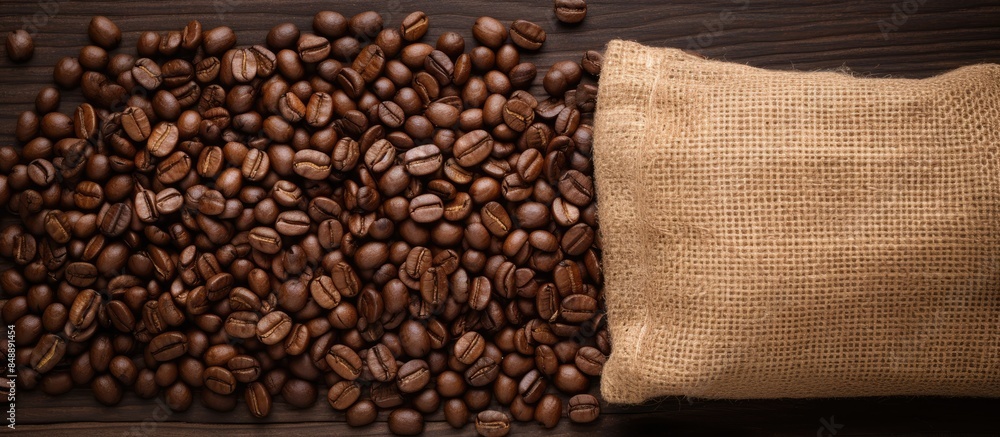 Poster top down view of burlap bag filled with roasted coffee beans with space to add text or graphics in t