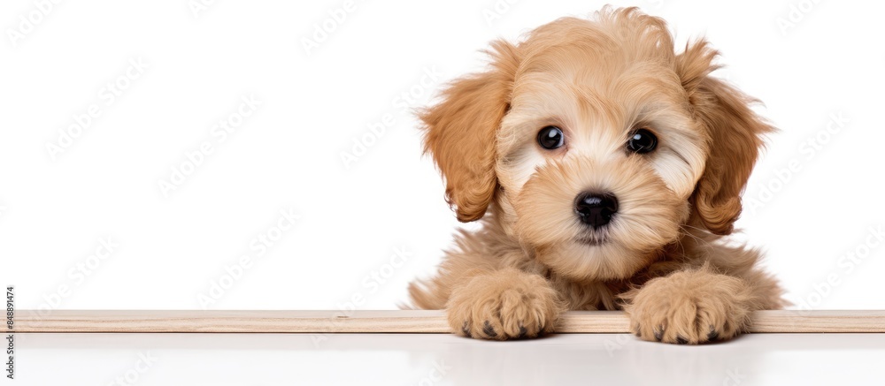 Poster maltipoo puppy posing on white background with copy space image