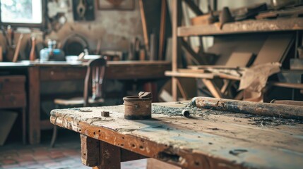 Close up image of a woodwork table in an art studio