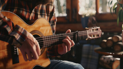 Obraz premium A casual indoor setting featuring a person strumming a guitar in a cozy, warmly lit room, exuding comfort and relaxation.