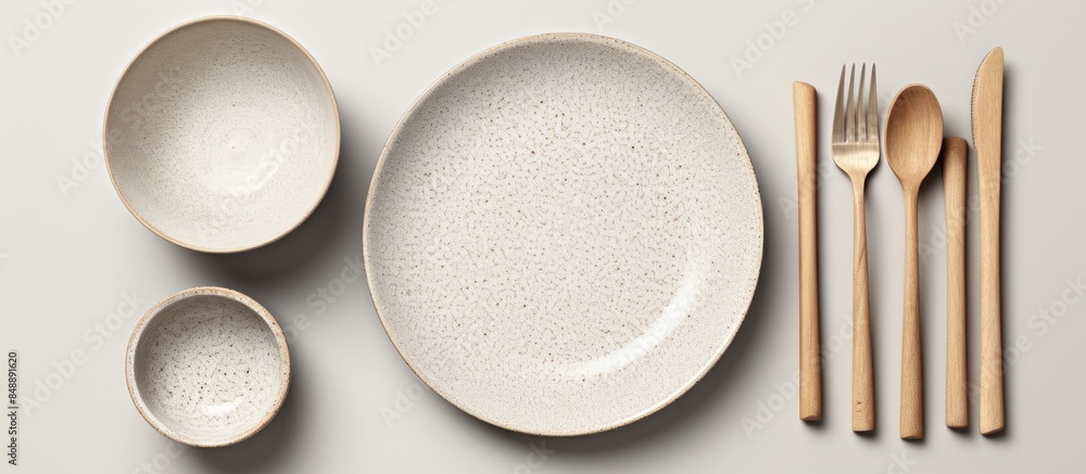 Poster ceramic tableware is displayed from a top view on a white background as a mock up with copy space im
