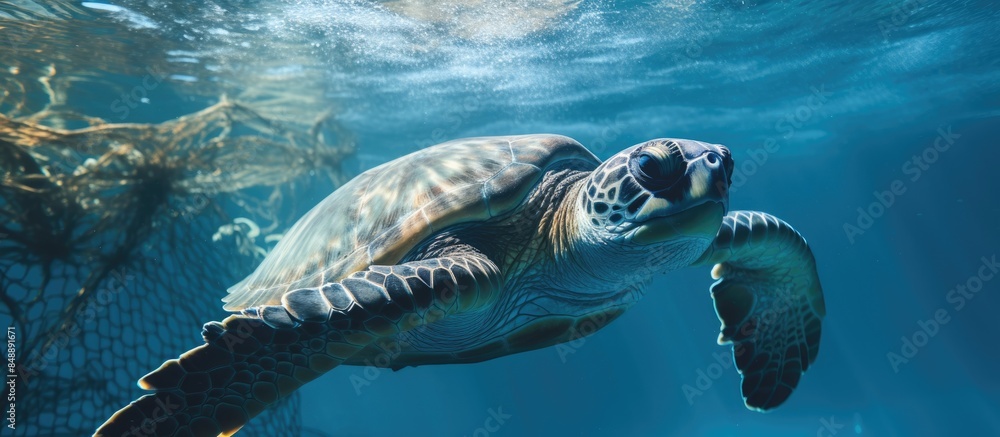 Aufkleber an image showing a green sea turtle caught in a fishing net with available space for adding text or 