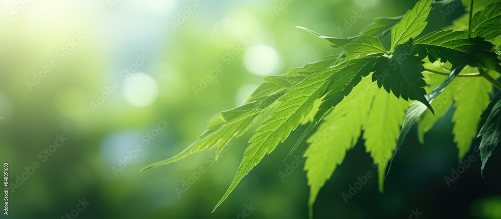 Poster close up view of a green leaf against a green garden backdrop with copy space image emphasizing a na