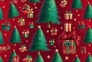 RED christmas background with christmas trees