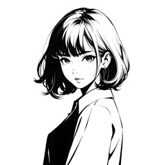 portrait a girl with short hair and a black and white shirt in manga style