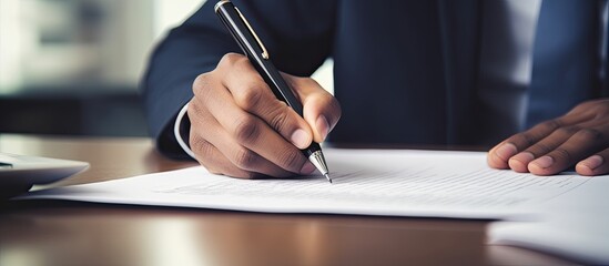 Close up of a hand with a pen writing on a business document with copy space image