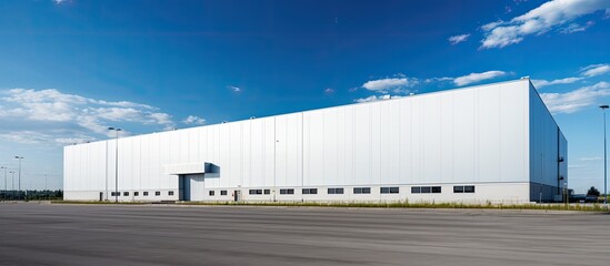 Obraz premium An aluminum warehouse in a square shape under a clear blue sky ideal for content with copy space image