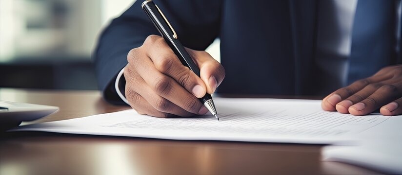 Close up of a hand with a pen writing on a business document with copy space image