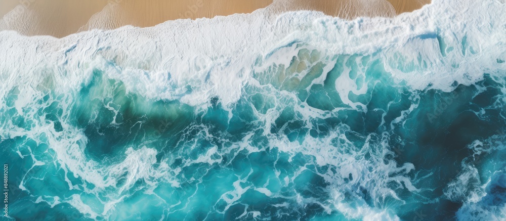 Poster aerial view of a coastal scene with vivid ocean colors captured by a drone featuring powerful waves 