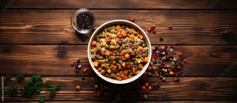 Poster desk view from above of a plentiful bowl of dog food surrounded by toys on a wooden surface ideal fo