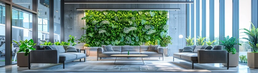 Fototapeta premium A modern, eco-friendly office environment promoting employee health, featuring a lush living green wall, natural light, and ergonomic furniture designed for comfort and productivity, in the style of