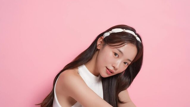 ピンク背景で撮影をした若いアジア女性のキャッチーなビューティー 動画