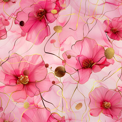 Fototapeta premium ピンク色と金色の花の背景画、シームレスパターンイラスト
