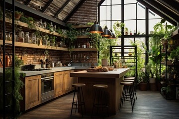 Fototapeta premium The interior of the loft-style kitchen with lots of green potted plants in attic with a large window. Green house, modern kitchen. 