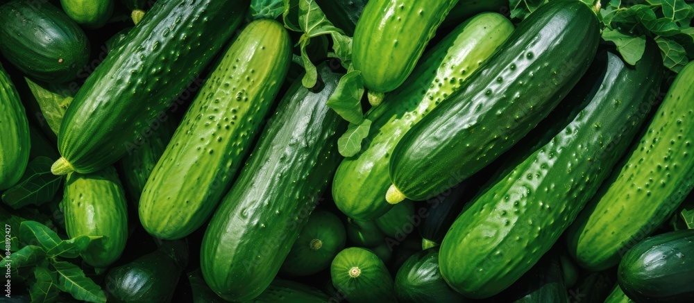 Poster crisp cucumbers in the market with copy space image available