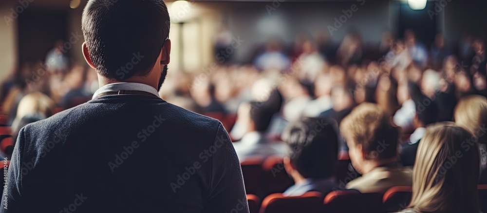 Poster entrepreneurship club meeting at a business conference with a speaker delivering public presentation