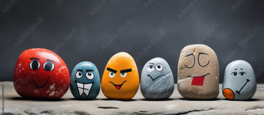 Poster various emotions are represented by stones with painted faces illustrating the concept of emotion ma