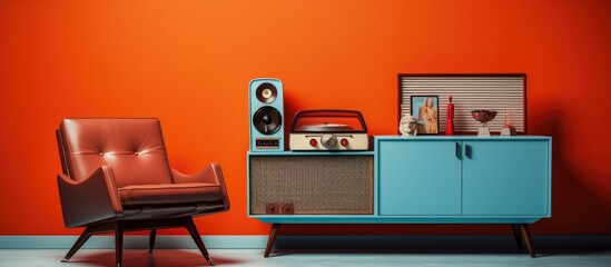 Retro orange armchair light blue sideboard vintage phonograph vinyl records on beige wall porcelain tiled floor and a red carpet in a vintage setting with copy space image