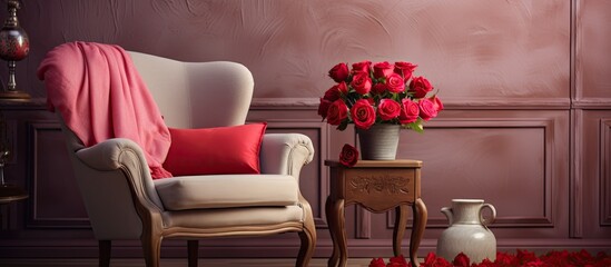Valentine s Day themed decor in a beautiful living room featuring an armchair roses and a copy space image