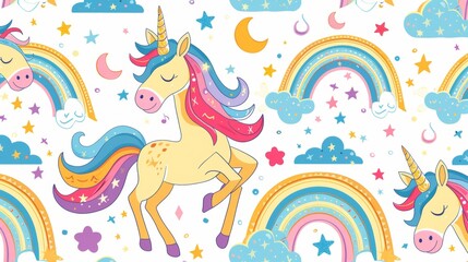Fototapeta premium Whimsical unicorn and rainbow pattern for kids.