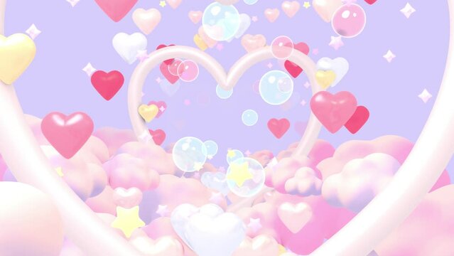 Looped cute flying through heart tunnel in the sky animation.