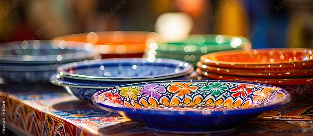 Poster brightly colored moroccan dish souvenirs on display in a shop with space for adding text or another 