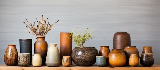 Eco friendly ceramic vases and bowls crafted by talented artisans in a cozy workshop featuring a variety of shapes and colors ideal for displaying with copy space image