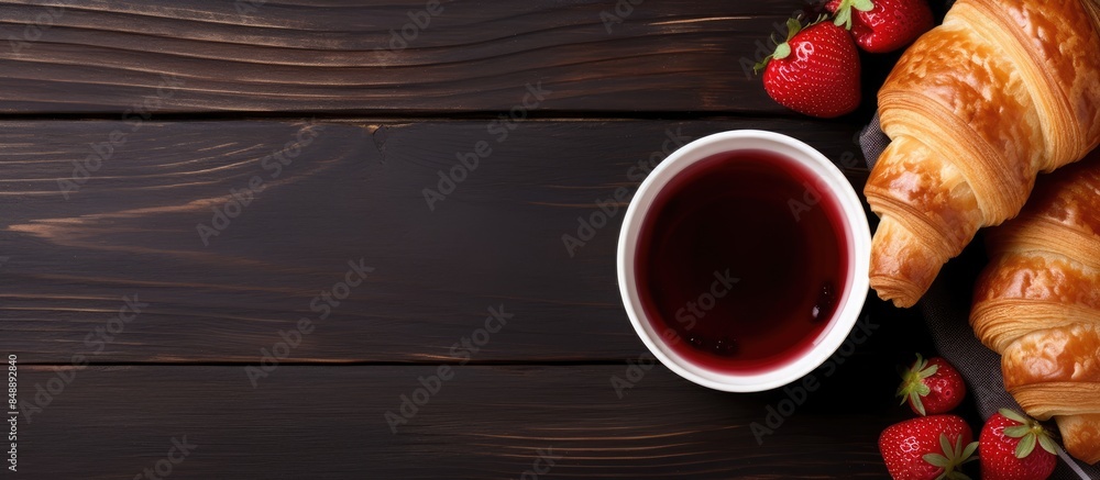 Poster top view of croissants served with strawberry jam accompanied by a cup of coffee in the frame creati