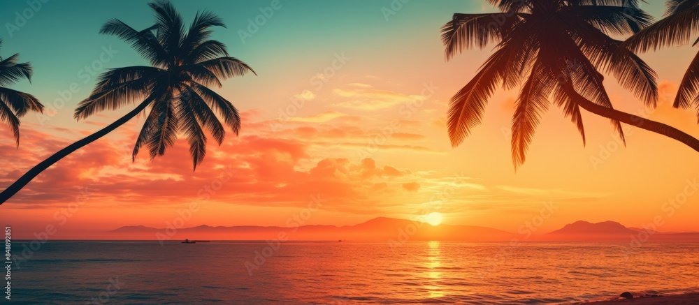 Wall mural sunset beach scene with coconut palm tree silhouettes in vintage style providing a tranquil backdrop