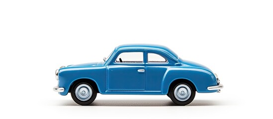 Vintage blue toy car model positioned on a plain white background with ample space around for text or additional design elements creating an isolated copy space image