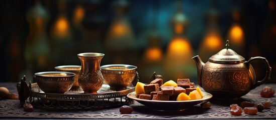 Fototapeta premium Arabic coffee arranged with Ramadan themed decorations set against a backdrop with copy space image