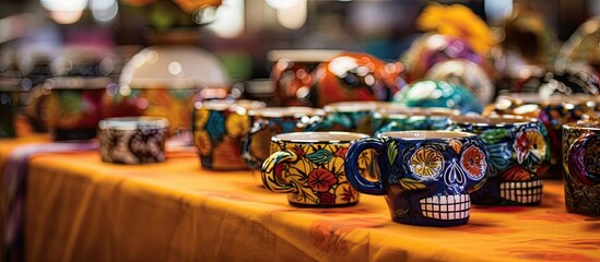 Vibrant Mexican culture celebration featuring traditional ceramic pottery and Day of the Dead skulls on display at a Mexican market with copy space image