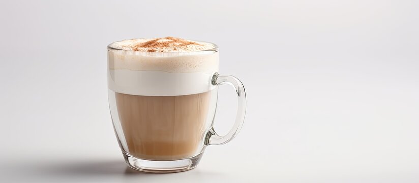 A cappuccino with frothy whipped milk in a glass mug displayed on a white background with copy space image
