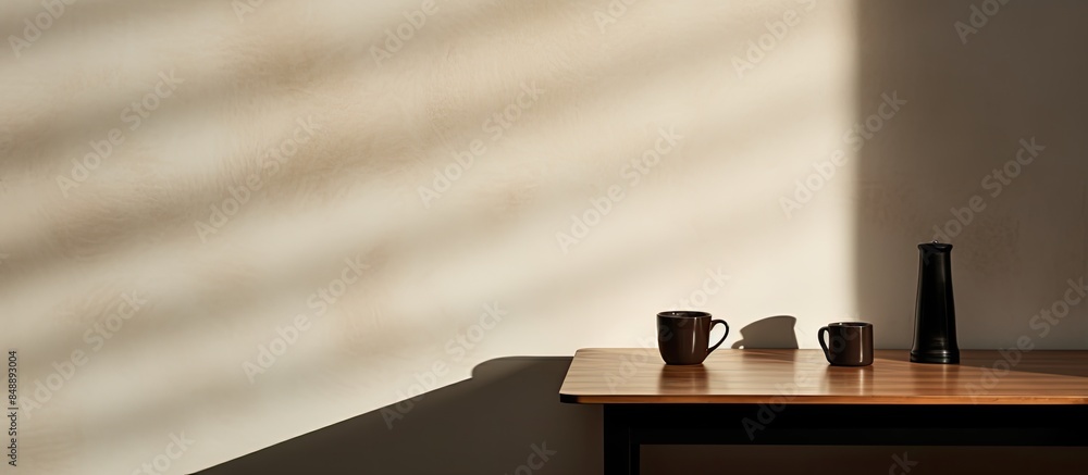 Poster simplistic indoor setting with a table casting a shadow on the wall featuring a bottle of hot coffee