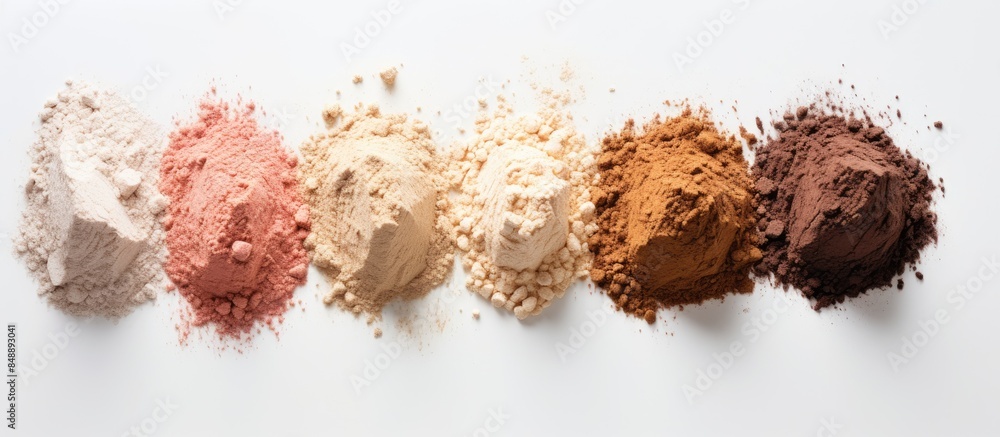 Poster various types of protein powders displayed on a plain white backdrop providing ample copy space imag