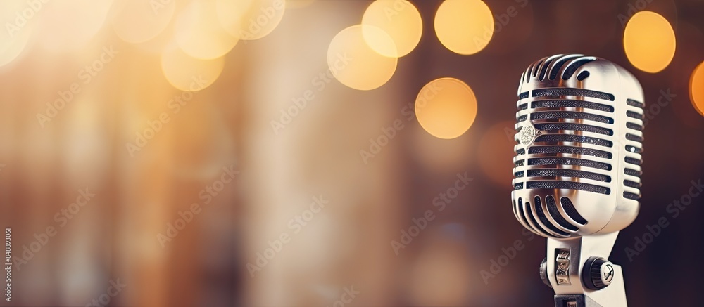 Poster close up of a vintage silver microphone on stage set against a bokeh light background with empty spa