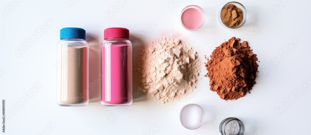 Aufkleber sport nutrition displayed with whey protein a shaker and dumbbells on a white background in a top do