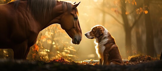 The bond between a dog and a horse in nature is beautifully captured in this copy space image