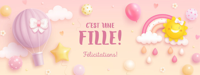 Baby shower horizontal banner with cartoon rainbow, sun and hot air balloon on pink background. French lettering. Translation from French It's a girl. Vector illustration