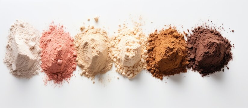 Various types of protein powders displayed on a plain white backdrop providing ample copy space image